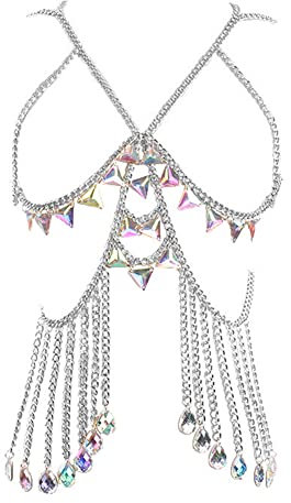 JAWSEU Boho Körperkette Damen Sexy Kristall Körperkette Körperschmuck Strass Silber Körper Kette Mehrschichtig Quaste Halskette Crossover BH Kette Zubehör Schmuck für Frauen Mädchen