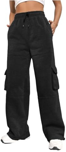 Nuofengkudu Gefütterte Weites Bein Jogginghose Damen Thermo Gummizug Kordelzug Cargo Taschen Warme Fleece Jogger Hosen Sweathose Frauen Sporthose Freizeithose Lässige Sweatpants