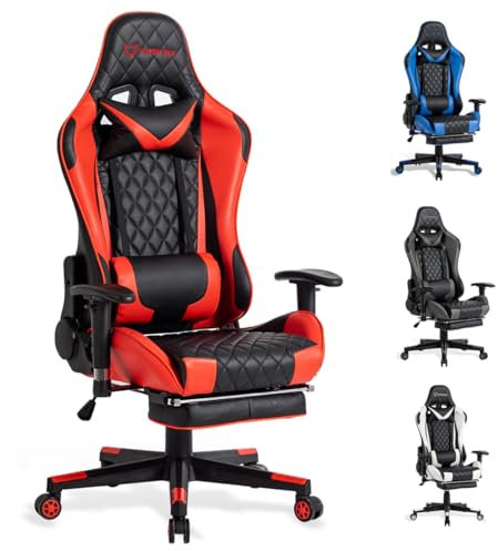 FOXSPORT Ergonomischer Gaming-Stuhl vollständig verstellbar mit Armlehne, Fußstütze, Kopfstütze, Rückenlehne und Kissen – Neigungsfunktion – ultimativer Komfort für Gamer und Büroangestellte.
