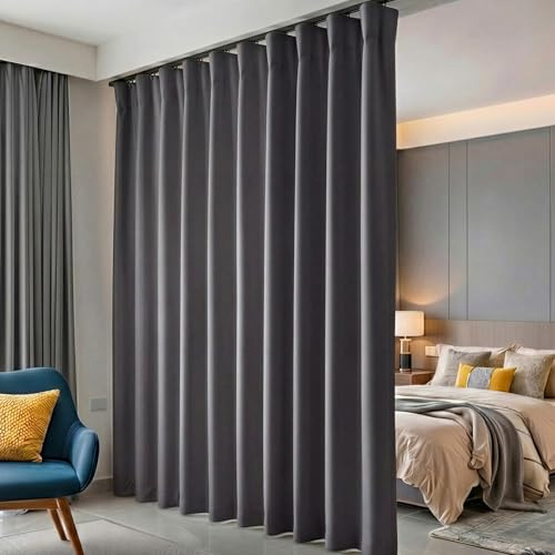 hoeflife Room Divider Curtains, Blackout Curtains with Hooks, Soundproof Floor Length Curtains, Perfect for Ceiling Mounting, Curtain Rails, Wall Divider for Room Separation, Grey, 120W x 84L