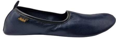 Akdam Pantuflas de cuero para mujer, estilo tradicional, estilo babouche, mocasín descalzo, Azul oscuro, 41.5 EU