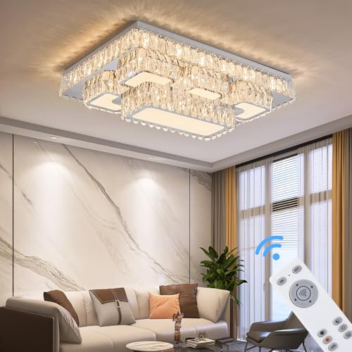 Eurohandisplay LED Pendelleuchte Hängelampe TY3019-75x50 cm mit Fernbedienung Lichtfarbe warmweiß bis kaltweiß einstellbar dimmbar vergoldete Metallrahmen,klare große Kristalle (75x50cm)