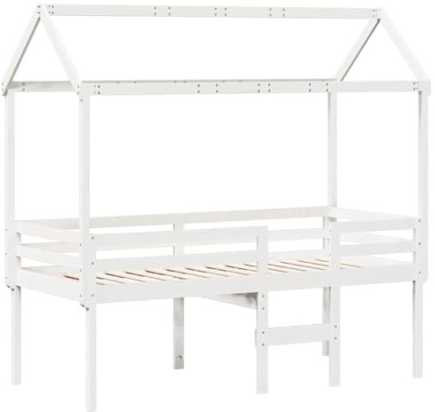 vidaXL Hochbett, Kinderbett mit Dach Leiter Sperrholzlatten, Spielbett für Kinderzimmer, Bett Holzbett Einzelbett, Weiß 90x200cm Massivholz Kiefer