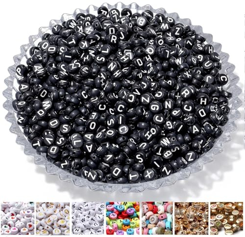 1500 Stück Buchstabenperlen für Armbänder Schwarzer, 7 mm Acryl Perlen | AWARDSEN Weiß Buchstaben Für DIY Geeignet Halsketten Armbänder handwerk