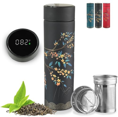 Farasi Tea Infuser for Loose Leaf Tea Smart Water Bottle with Fahrenheit Temperature Display, Stainless Steel Insulated Coffee and Fruit Tea Infuser Bottle - Floral Travel Tea Mugs 15 oz (Black)