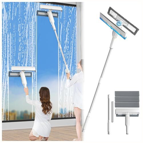 RYJYQYX 4 in 1 Sprüh Fensterwischer Mit Teleskopstiel mit Abwassersammler und 3 Pads, Teleskopstange Fensterreinigung mit Verlängerungsstange Sprühwischer für hohe Innen/Außenfenster