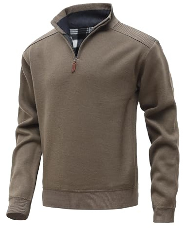 MeiLayM herr 1/4 dragkedja hals jumper varm polotröja stickad polotröja slim fit pullover långärmad lätt pullover tröjor, Khaki, L