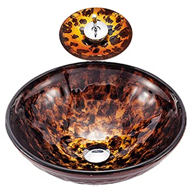 OKPJFHS Round Bathroom Vessel Sink and Faucet Combo Countertop Sink Bowl Tempered Glass Vanity Sink Bowl On The Top Hand Painted Flame Art Vessel Bowl Sink with Drain Combo