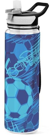 Mnsruu Transparente Sport-Wasserflasche mit Strohhalm, auslaufsichere Trinkflasche, blau, Fußball-Shoot The Goal, Fahrradflaschen für Sport, Büro, Schule, BPA-freier Tritan-Kunststoff, 1 Liter