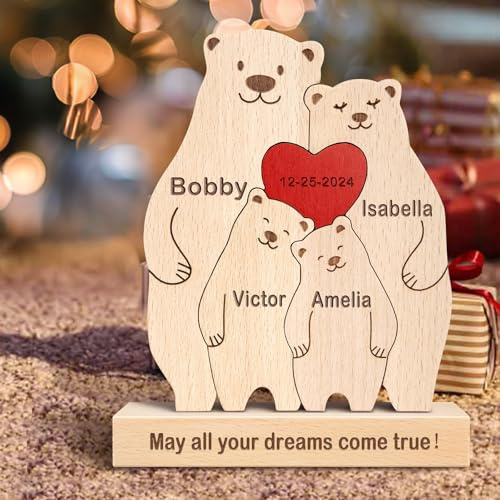 Personalisiertes Holzkunstpuzzle der Bär Familie mit 1-8 Namen, benutzerdefinierte Familienname Skulptur Jigsaw, Tier Dekorativ Ornament Ideen für Geburtstag Weihnachten Jubiläum Muttervatertag