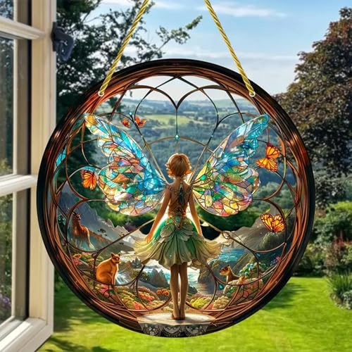 Colgante de hada para decoración de ventana, atrapasueños redondos para manualidades, decoración de ventana de acrílico teñido, colgante de ventana de acrílico de hadas de flores, adorno colgante de