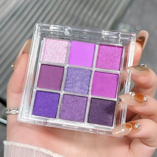 9-color Purple Glitter Eyeshadow Palette, Long-lasting Shiny Blendable Eyeshadow, Women's Eye Makeup Shiny Waterproof Adjustable Color Eyeshadow Palette, Pearlescent Matte Purple Mixed Nine-square Eye
