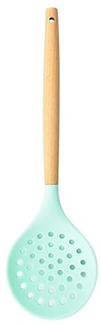 Ustensiles de cuisine en silicone antiadhésif, passoire avec poignée en bois, passoire, cuillère, écumoire, passoire sans BPA, pour la cuisson et le service, vert, 32,2 x 9,6 cm