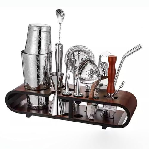 Ensemble Complet De Shaker À Cocktail De 20 Pièces Avec Présentoir En Bois, Accessoires De Shaker En Acier Inoxydable, Kit De Préparation De Boissons Mixtes For Barmans Débutants Et Professionnels(Sil