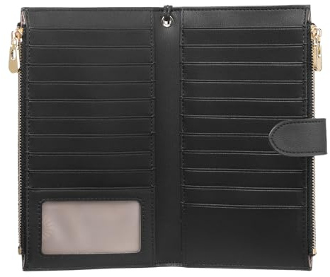 FALAN MULE Grand Portefeuille pour Femme en Cuir, Grand Format et Long avec Plusieurs Compartiments pour Cartes et Poche zippée, dragonne Amovible B01 Noir