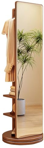 Freistehende Standspiegel-Garderobe, 360° drehbare Holzgarderobe mit Ganzkörperspiegel, 2-in-1-Standspiegel und Garderobe für Wohnzimmer, Schlafzimmer, Garderobe, moderner drehbarer Gardero