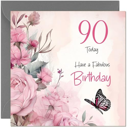 Schöne Geburtstagskarte zum 90. Geburtstag, schöner Schmetterling und florale rosa Rose, Geburtstagskarte für 90-jährige Frauen, 90