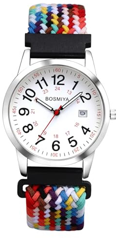 Lancardo Braided Elastic Strap Watch: Analog Quartz Adjustable Stretch Band Arabic 24-Hour Large Dial Casual Sport Wristwatch for Men Women Easy-to-Read, Black Rainbow