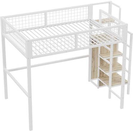 Azkoeesy Hochbett 140x200 cm, Kinderbett mit sicherer Treppe und Handlauf, Kleiderschrank, stabiles Metallgestell und Geländer, für Erwachsene und Jugendliche, Weiß