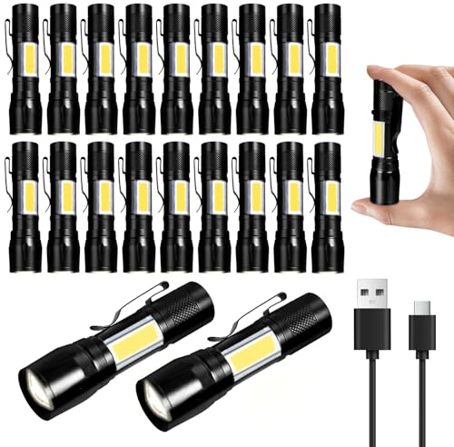 KunHe 20 Pack USB-C Rechargeable Mini LED Torch, Compact High Lumen EDC Torches with COB Side Light, Zoomable Clip-On Torch for Camping, Emergencies & Gifts