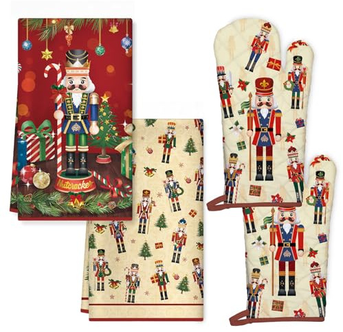 Arquiel Lot de 4 Noël Casse-Noisette Gants et maniques en Coton Résistant à Chaleur, Torchon Cuisine en Polyester Absorbant pour la Cuisson du Barbecue Décoration de Noël