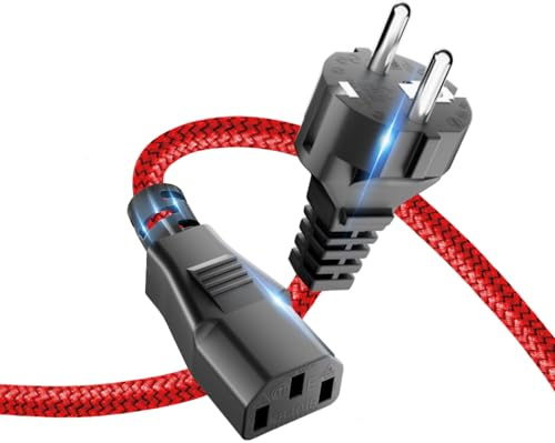 3,0m Kaltgerätekabel 3 polig Typ F Schutzkontakt auf C13, Rot, Nylon | Robust, Stromkabel Netzkabel Kaltgerätestecker Mit VDE, Für TV PC Computer Monitor Bildschirm Drucker Beamer Projektor etc