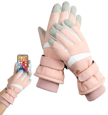 CHICHI:OÜ Winterhandschuhe, Damen wasserdichte Warme Skihandschuhe, Winddicht Fleece Warme Touchscreen-Handschuhe, Schnee Outdoor Sport Ski Snowboard Lauf Joggen Fahrrad MTB Motorrad(Rosa + Grau)