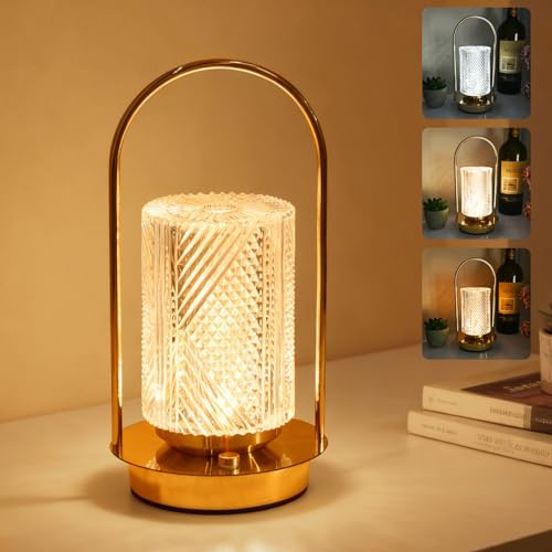 CECOMBINE Cordless Table Lamp Rechargeable - Protable Metal Gold Table Lamps, Crystal Lantern Table Lamp Touch Lamp, 3 Color Stepless Dimming Battery Operated Lamp for Indoor Outdoor Camping (Gold)