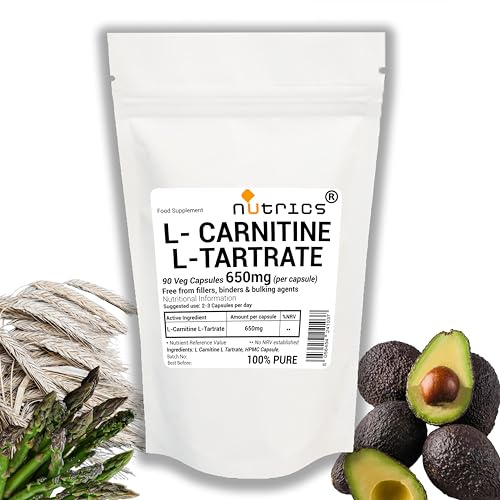 Nutrics® L Carnitine L Tartrate 650mg per Capsule, 90 V Capsules - Highly Bioavailable, 100% Pure, No Fillers, Binders or Bulking Agents - Vegetarian
