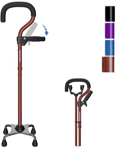 KingPavonini Gehstock für Damen/Herren mit Zweitgriff - Gehstock klappbar & Faltbare Gehhilfe mit 4-Punkt-Basis, Quad-Stock für Stabilität, Stehen, Balance