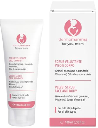 Dermomamma Scrub Vellutante Viso-Corpo, Azione Rigenerante, Stimola il Turn-over cellulare, Vegan e Green Formula, Indicato in Gravidanza e Allattamento, 100 ml.