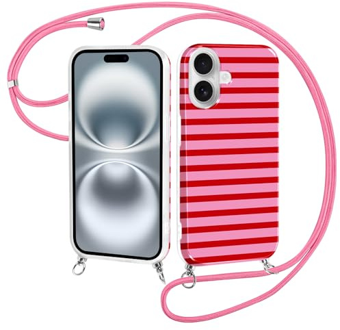Kivlclri Righe Cover per iPhone 16 6,1'' con Cordino, Cellulare Aesthetic Estivi Rosso Rosa Striped Motivo Disegno Traslucida Silicone Case Corda con Regolabile Laccio Antiurto Bumper Bumper Custodia