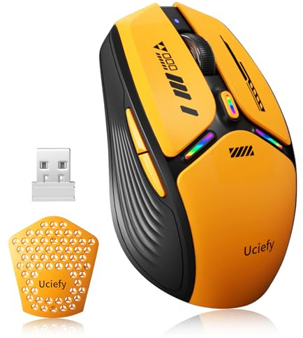 Uciefy V19 Wireless Mouse, USB C Rechargeable Magnetic Cover Mouse - Orange | LED Light, Battery Indicator, Honeycomb Shell, USB Receiver and Type C Adapter, Side Buttons, Portable, 1600 DPI, Cordless