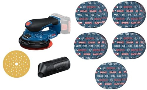Bosch Professional 18V System Levigatrice a batteria GEX 18V-150-3 (incl. 1 carta abrasiva, 1 anello di sicurezza, senza batteria/caricabatteria) +Set di dischi per levigatura EXPERT O780, 55 pz