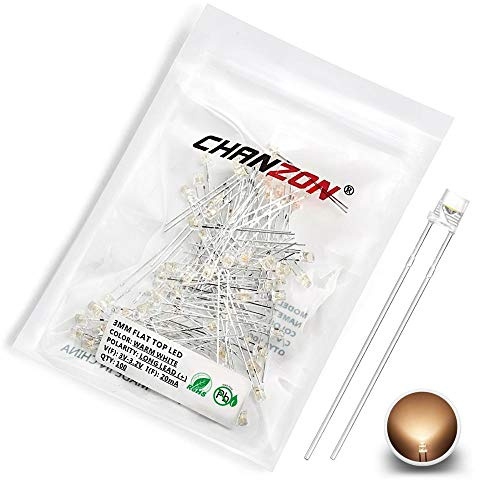 Chanzon 100 pcs 3mm Warm White LED Diode Lights (Clear Transparent Flat Top 3000K DC 3V 20mA) Bright Lighting Bulb Lamps Electronics Components Light Emitting Diodes