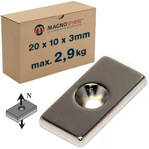 10 x Quadermagnet mit Senkbohrung 20 x 10 x 3mm Neodym N35 (NdFeB) Nickel - Nord (N-Pole) - Haftkraft 2,9 kg - 10 Stück - starke Magnete mit Bohrung und Senkung für Industrie und Zuhause