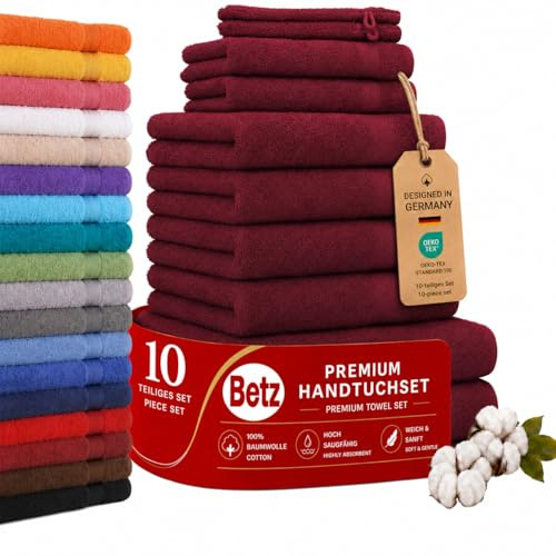 Betz Premium Handtuch-Set mit 10 Teilen – 100% Baumwolle, 4 Handtücher 50 x 100 cm, 2 große Duschtücher 70x140 cm, 2 Gästetücher 30 x 50 cm, 2 Waschhandschuhe, dunkelrot