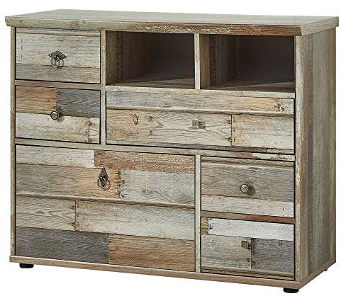 Stella Trading Bonanza Vintage Kommode in Driftwood Optik - ausdrucksstarkes Retro Sideboard mit viel Stauraum für Ihren Wohnbereich - 99 x 80 x 39 cm (B/H/T)