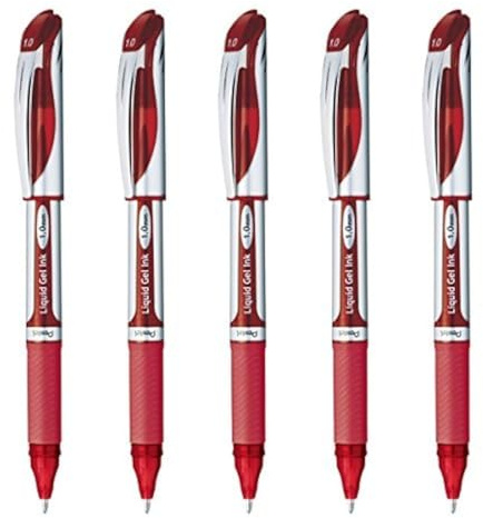 Pentel Energel Ballpoint Pen (BL60-B), Bold Point 1.0mm Needle Tip, Red Ink, Silver Body, Value Set of 5