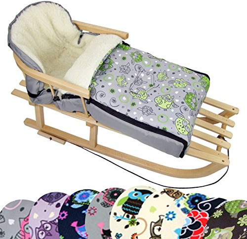 BambiniWorld Kombi-erbjudande träsläde med ryggstöd och dragrep universell vinterväska (90 cm), även lämplig för babystol, barnvagn, barnvagn, buggy, av ull i uggledesign (uggla §11)