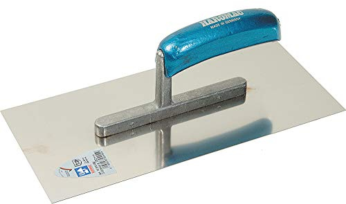 HAROMAC Glättekelle Made in Germany, 400x130x0,7mm,rostfreier Edelstahl, blauer Holzgriff, Profiqualität, Glätter, Traufel, Glättscheibe