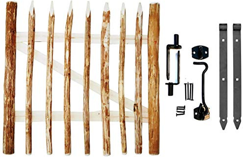 BOGATECO Zauntor Haselnuss | Breite: 100cm | Höhe 80cm | Abstand zwischen den Zaunlatten 6-7 cm | Gartentor aus Holz für Staketenzaun Gartenzaun | mit Scharniere inkl. Zubehör | Türöffnung nach rechts
