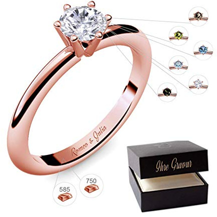Verlobungsring Rotgold 585 750 PERSONALISIERT + Etui mit individueller GRAVUR Damen-Ring Heiratsantrag Solitär-Ring Zirkonia Aquamarin Turmalin Blautopas Peridot Rauchquarz
