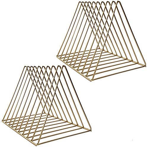 2 Pack Triangle Desktop Magazine File Holder Rack, Sturdy 9 Slot Iron Storage Book Sorter Organizer Bookshelf for Office Home Decoration (Gold)