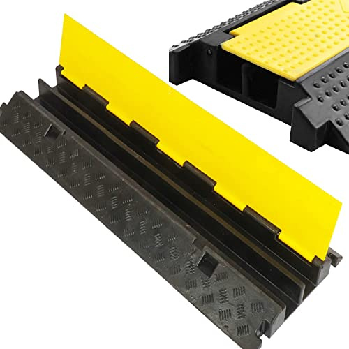 ybaymy 100x25x5cm Floor Cable Protector 2 Channel Black Rubber Cable Cover with Yellow Plastic Lid Linkable Floor Cable Cover Cord Channel Outdoor Cable Protector for Garage,Highway,Ramp