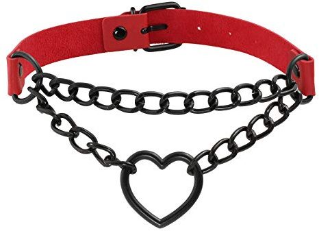 JJDreams Punk Halsband Gothic PU Leder Halsreif mit Kette Herz Anhänger elegant Choker Kragen schwarz Damen