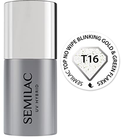 Semilac Top Coat - Esmalte de gel UV sin limpiar, calidad de salón de manicura, eficaz de larga duración, no se limpia, resistente a las grietas, fácil de aplicar (parpadeante dorado y verde, 7 ml)