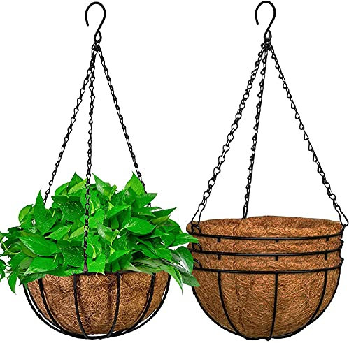 GXF Hanging Planter Baskets, 3 Packs 13 Inch Metal Hanging Baskets with Coconut Coir Liner and Black Chain for Porch Pot Hanger Garden Decoration Indoor Outdoor Plant Flower Pot