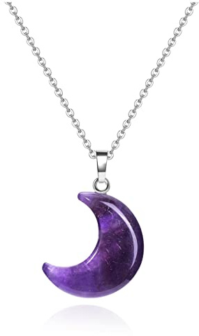 Jovivi Amethyst Crystal Healing Stone Pendant Necklace Cute Crescent Moon Protection Crystal Gemstone Chakra Reiki Amulet Necklace Jewellery Women Valentines Day Gift