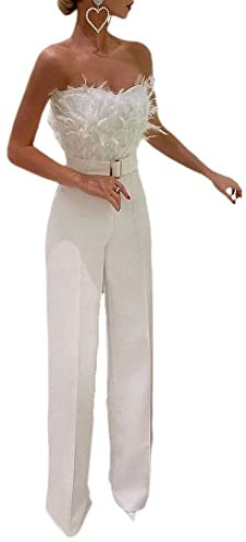 TENZHVXI Tuta da Donna con Spalle Scoperte in Piuma, Senza Spalline con Cintura Elegante, Pagliaccetto a Gamba Larga per Party e Clubwear